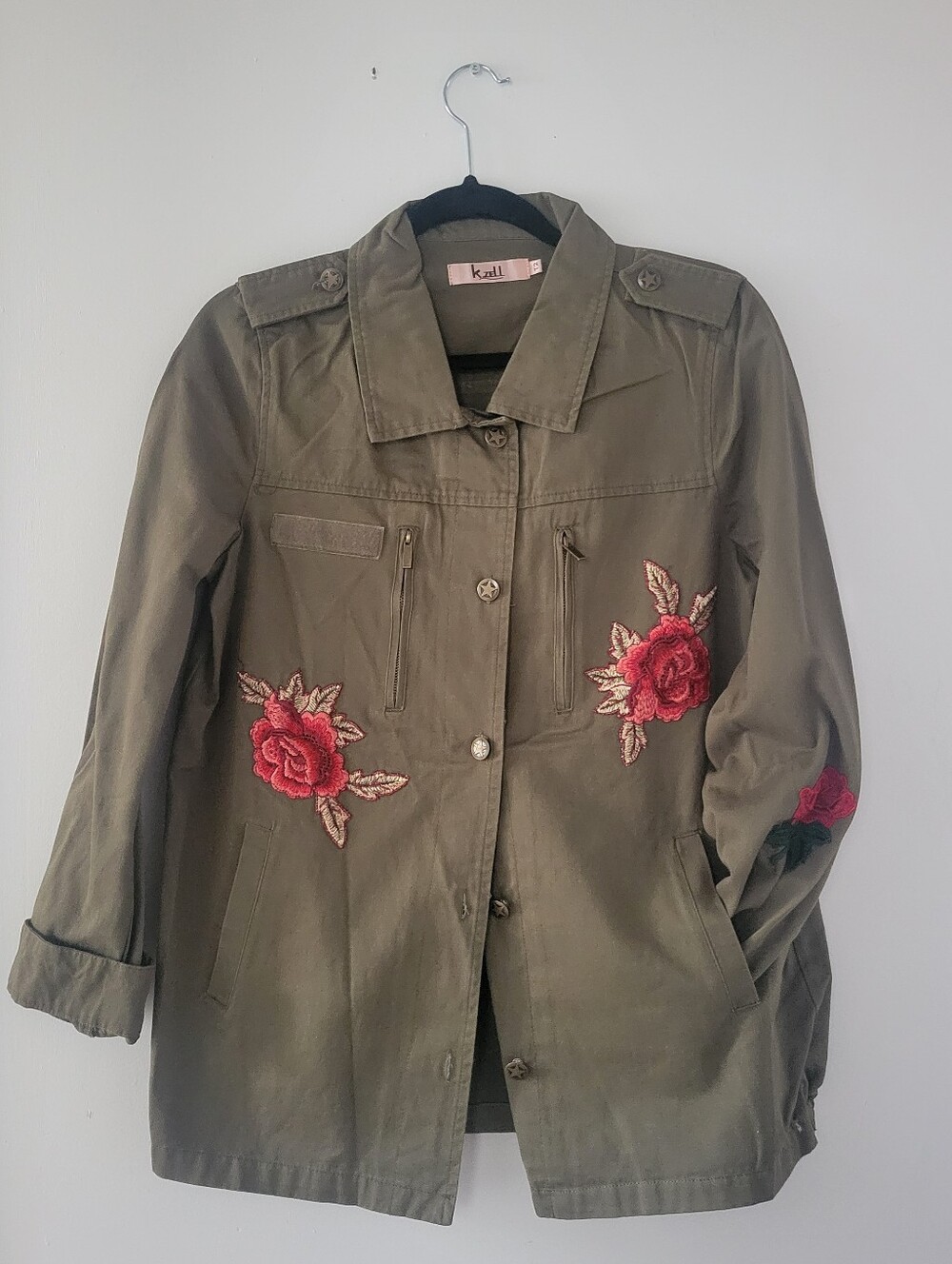 K.Zell Khaki Military Utility Jacket - Rose & Tiger Embroidery - Size T2/ US S